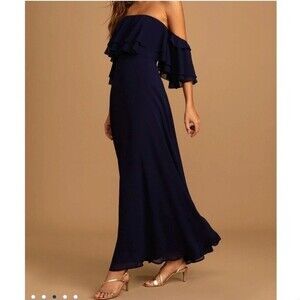 Lulu's Navy Off-the-Shoulder‎ Ruffled Maxi Dress Gown XS